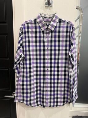 Express Men's Lavender and Black Plaid Button-Down Shirt